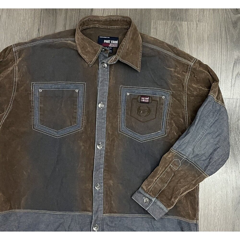 Vtg Phat Farm Shirt Denim Suede Button Down Distressed Worn XL Look Spell Out - Picture 2 of 14